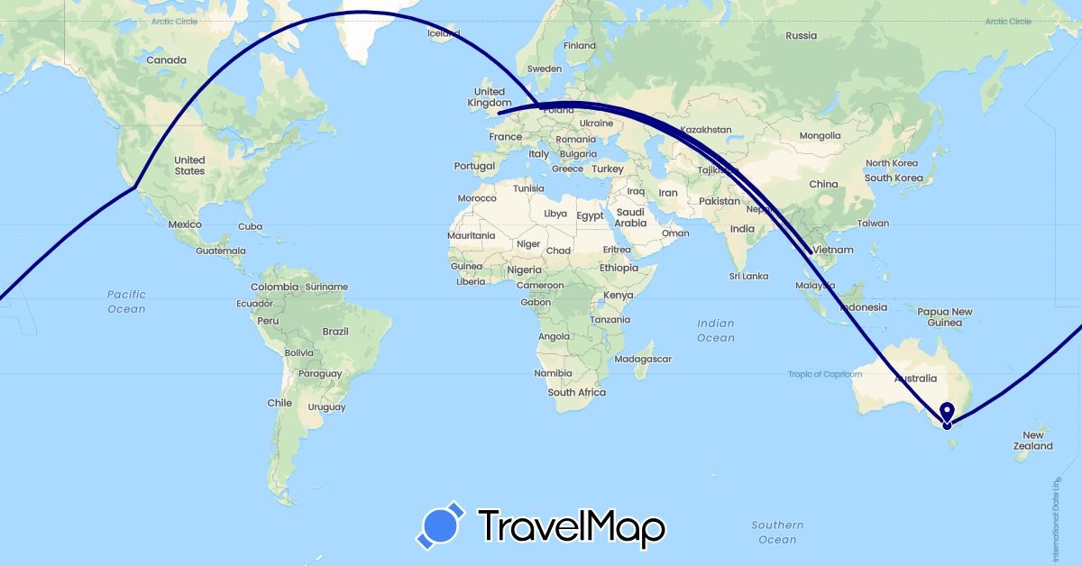 TravelMap itinerary: driving in Australia, Germany, United Kingdom, Thailand, United States (Asia, Europe, North America, Oceania)